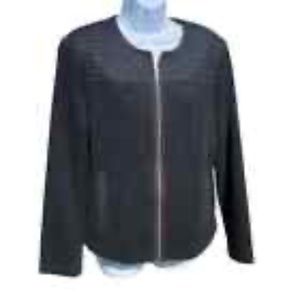 Eileen Fisher black round neck zip wool jacket with woven detail in size medium